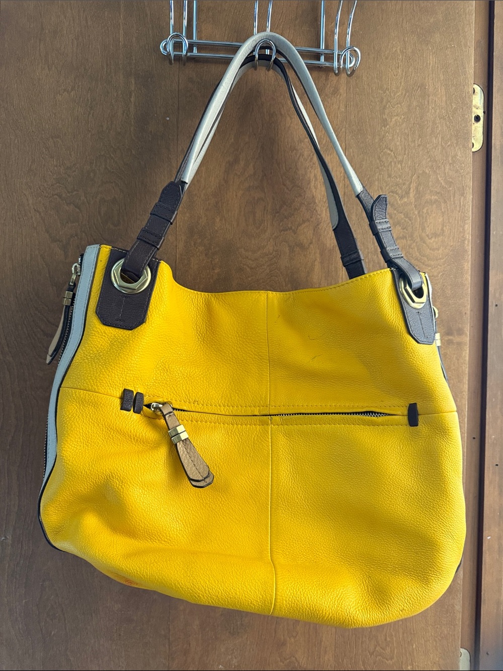 orYANY Yellow Leather Shoulder Bag with Brown and Cream Straps